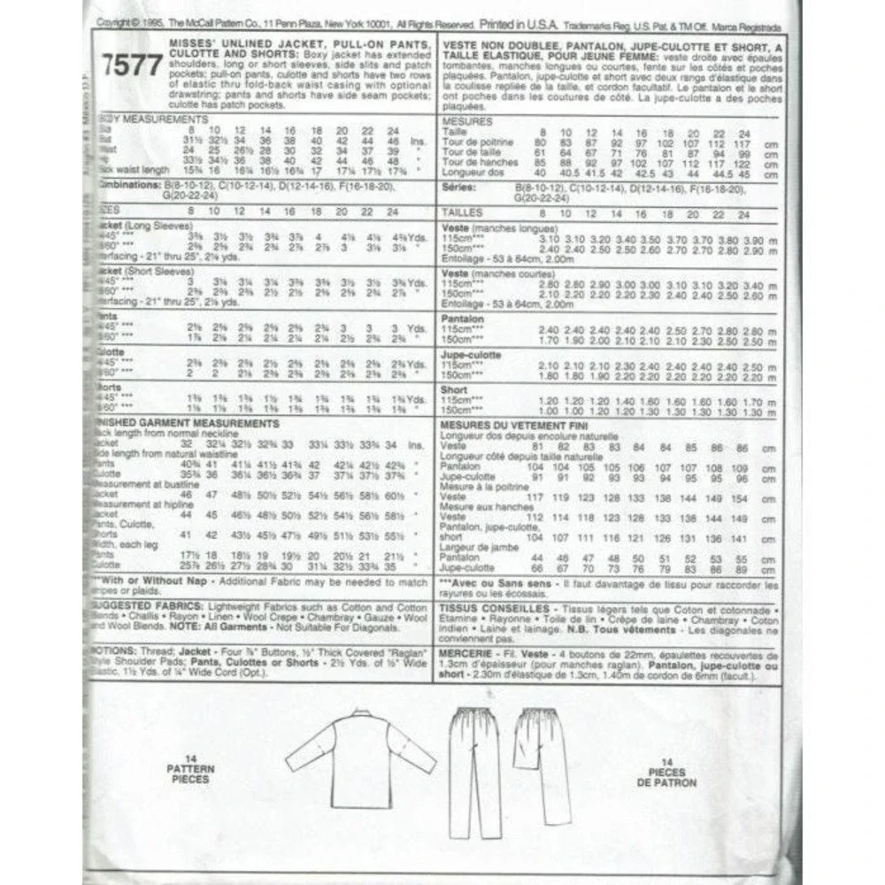 McCalls‎ Sewing Pattern 7577 Jacket Pants Culotte Shorts Womens Size 20-24